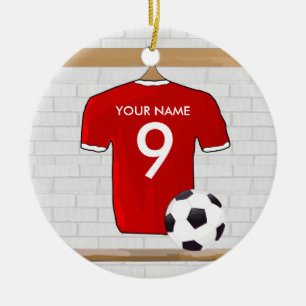 Personalisiert Red and White Football Soccer Jerse Keramikornament