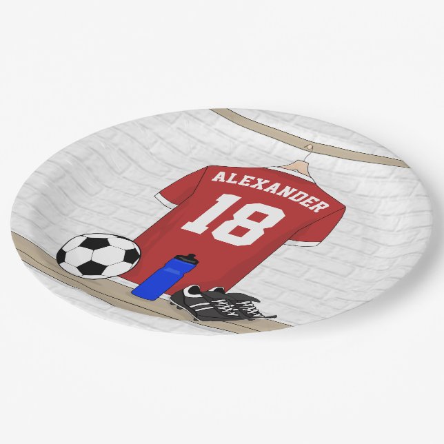 Personalisiert Red and White Football Soccer Jerse Pappteller (Schrägansicht)