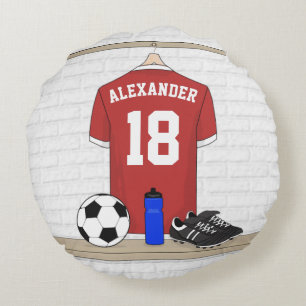 Personalisiert Red and White Football Soccer Jerse Rundes Kissen