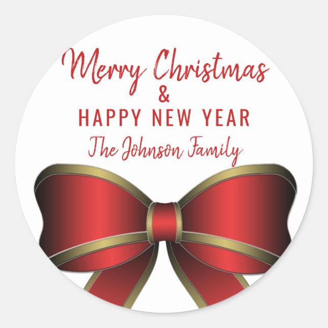 Personalisiert Red Bow White MERRY CHRISTMAS Tree Runder Aufkleber (Vorderseite)