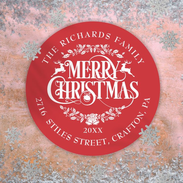 Personalisiert Red Elegant Classic Frohe Weihnacht Runder Aufkleber (Personalized Red Elegant Classic Merry Christmas Classic Round Sticker)