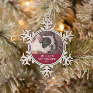Personalisiert Red First Christmas Puppy Foto Schneeflocken Zinn-Ornament