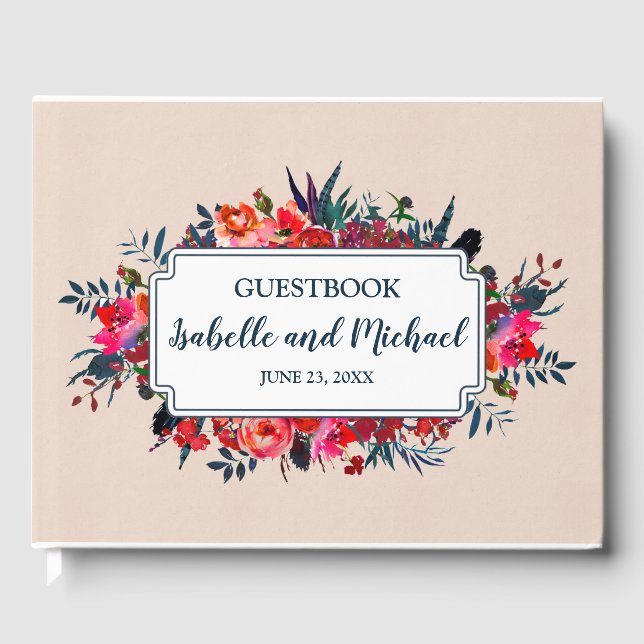 Personalisiert Red Floral Bohemisch Wedbook Gästebuch (Vorderseite)