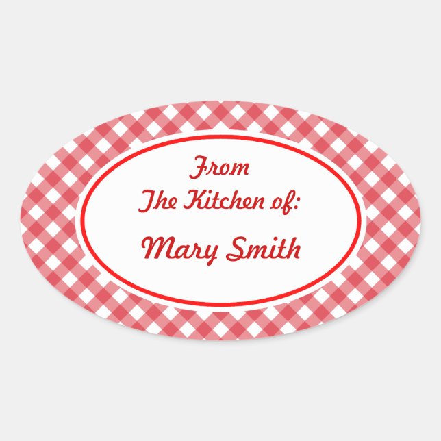 Personalisiert Red Gingham Geschenkartikel für die Ovaler Aufkleber (Vorderseite)