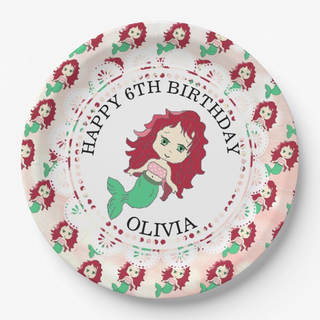 Personalisiert Red Head Mermaid Birthday Teller (Vorderseite)