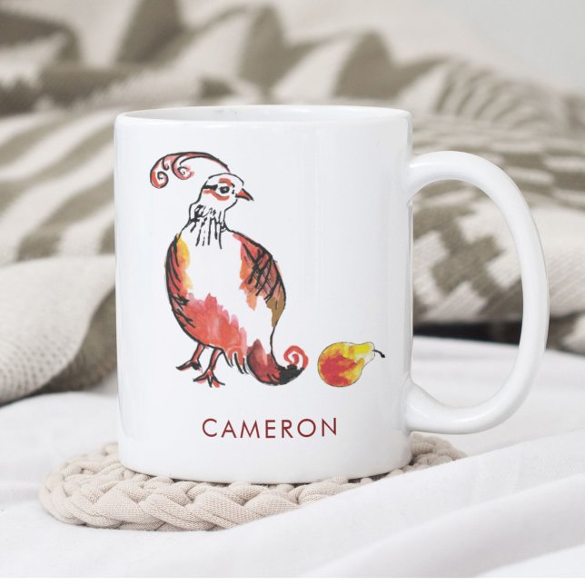 Personalisiert Red Partridge Birne Niedlich Boho H Kaffeetasse (This personalized Christmas Partridge in a Pear tree mug features a cute red bird drawn by hand.)