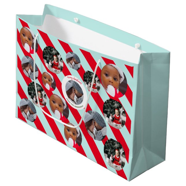 Personalisiert Red Strip Fab Weihnachten Drei Foto Große Geschenktüte (Vorderseite Schrägansicht)