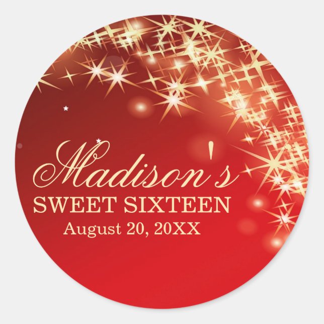 Personalisiert Red Sweet 16 Aufkleber mit Gold Sta (Vorderseite)