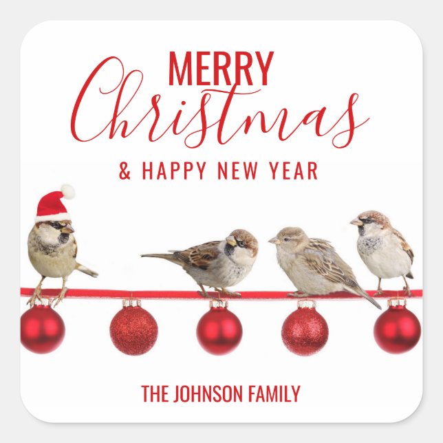 Personalisiert RED White MERRY CHRISTMAS Sparrows Quadratischer Aufkleber (Vorderseite)