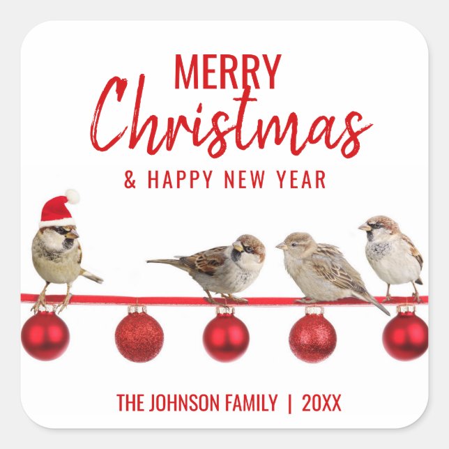 Personalisiert RED White MERRY CHRISTMAS Sparrows Quadratischer Aufkleber (Vorderseite)