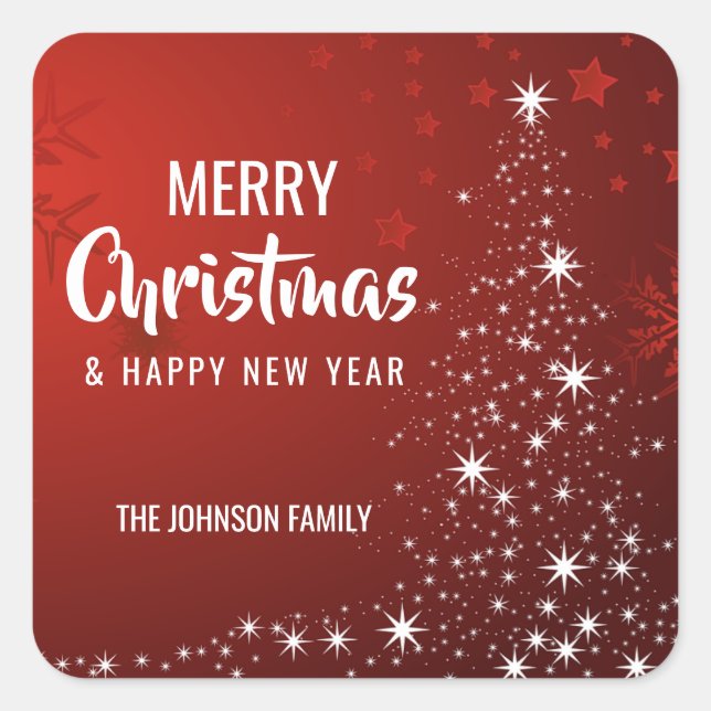 Personalisiert RED White MERRY CHRISTMAS Tree Ligh Quadratischer Aufkleber (Vorderseite)
