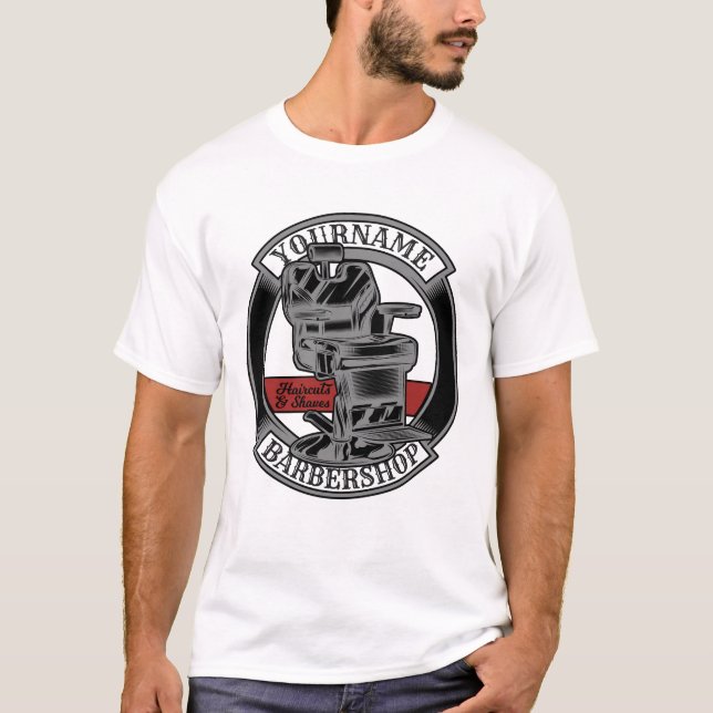 Personalisiert Retro BarberShop Barber Chair Salon T-Shirt (Vorderseite)