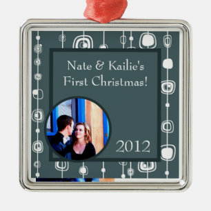 Personalisiert Retro Blue Squares Weihnachtsdekora Silbernes Ornament