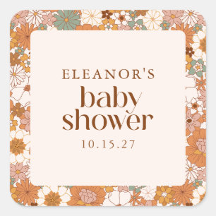 Personalisiert Retro Earthy Boho Floral Baby Dusch Quadratischer Aufkleber