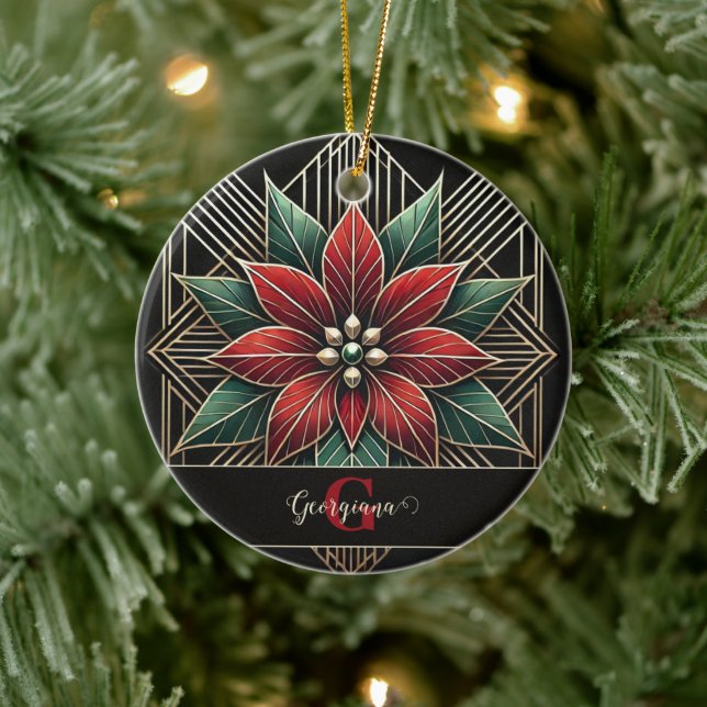 Personalisiert Retro Flora Art Deco Poinsettia Keramik Ornament (Baum)
