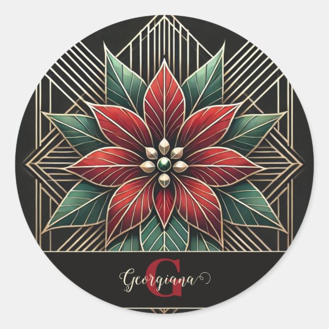 Personalisiert Retro Flora Art Deco Poinsettia Runder Aufkleber (Vorderseite)