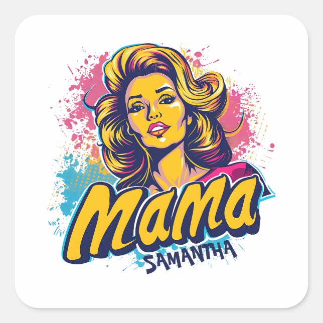 Personalisiert Retro Mama Pop Art. 14 Quadratischer Aufkleber (Vorderseite)
