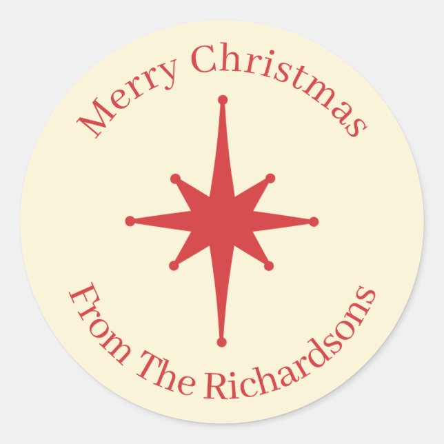 Personalisiert Retro Midjahrhundert Weihnachts-Rot Runder Aufkleber (Vorderseite)