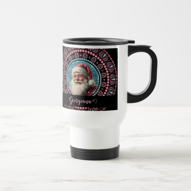 Personalisiert Retro Santa Pinkmas Floral Mandala Reisebecher (Rechts)