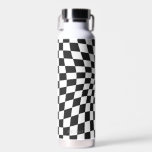 Personalisiert Retro Schwarz-weiß Wavy Checked Trinkflasche<br><div class="desc">Moderne Retroflasche Wasser in schwarz-weiß Karos mit individuelle Name</div>