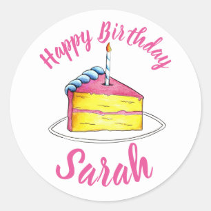 Personalisiert rosa Birthday Party Cake Slice Cand Runder Aufkleber