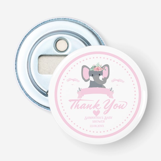 Personalisiert rosa Blumendusche niedlich Elephant Flaschenöffner (Vorderseite)