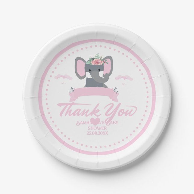 Personalisiert rosa Blumendusche niedlich Elephant Pappteller (Vorderseite)
