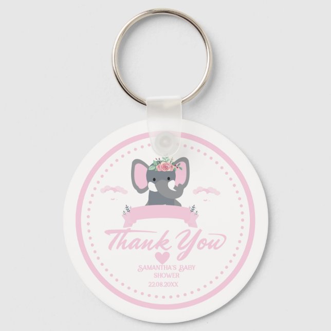 Personalisiert rosa Blumendusche niedlich Elephant Schlüsselanhänger (Vorderseite)