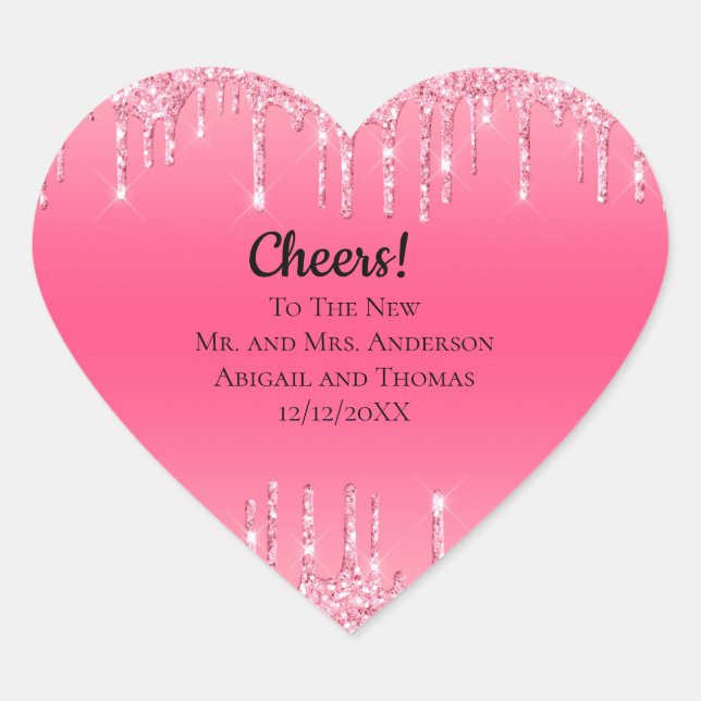 Personalisiert rosa Dripping Glitzer Trendy Weddin Herz-Aufkleber (Vorderseite)
