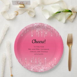 Personalisiert rosa Dripping Glitzer Trendy Weddin Pappteller