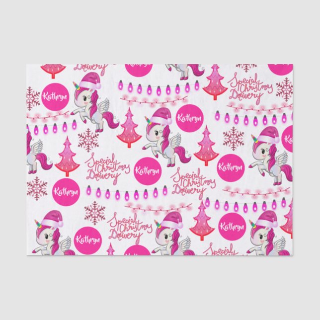 Personalisiert rosa Einhorn Weihnachtszittel Seidenpapier (Vorderseite)