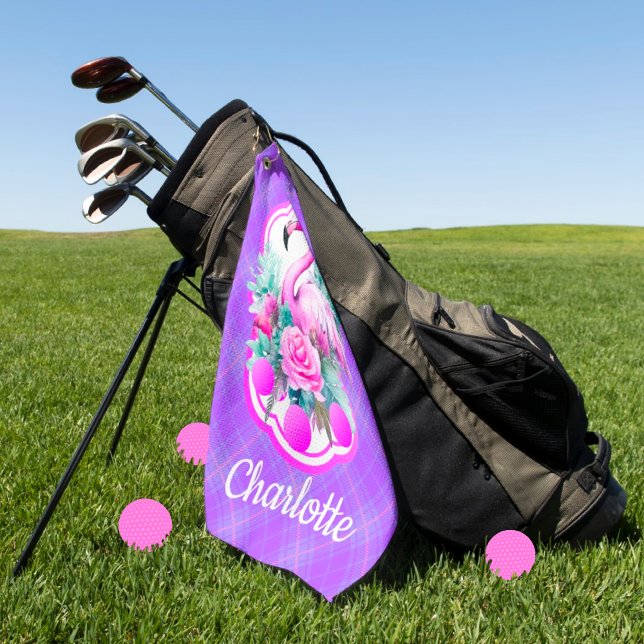 Personalisiert rosa Flamingo Tropical Lila Golfhandtuch (Perfect for your golfing Island Girl...maybe you?  Personalize it!)