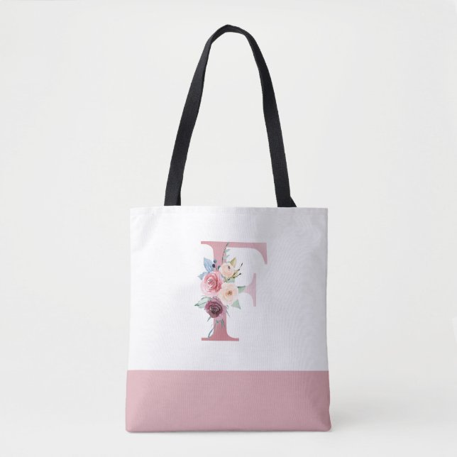 Personalisiert rosa florale Monogramm Buchstabe F Tasche (Vorderseite)