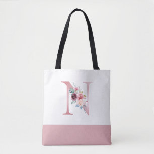 Personalisiert rosa florale Monogramm Letter N Tasche