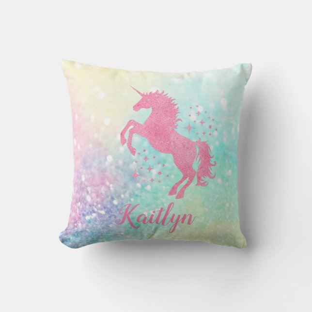 Personalisiert rosa Glitzer Einhorn und Regenbogen Kissen (Vorderseite)