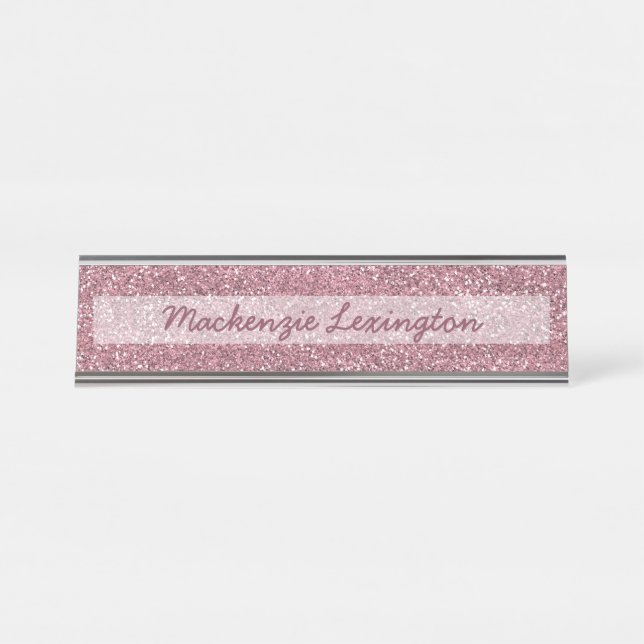 Personalisiert rosa Glitzer | Rotgold Schreibtischnamensplakette (Vorderseite )