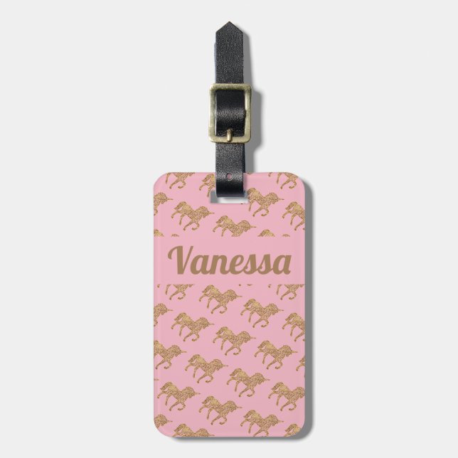 Personalisiert-Rosa-Gold-Einhorn Gepäckanhänger (Vorderseite vertikal)