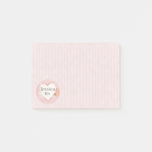 Personalisiert-rosa Herz- und Rose-Krankenschweste Post-it Klebezettel (Vorderseite)