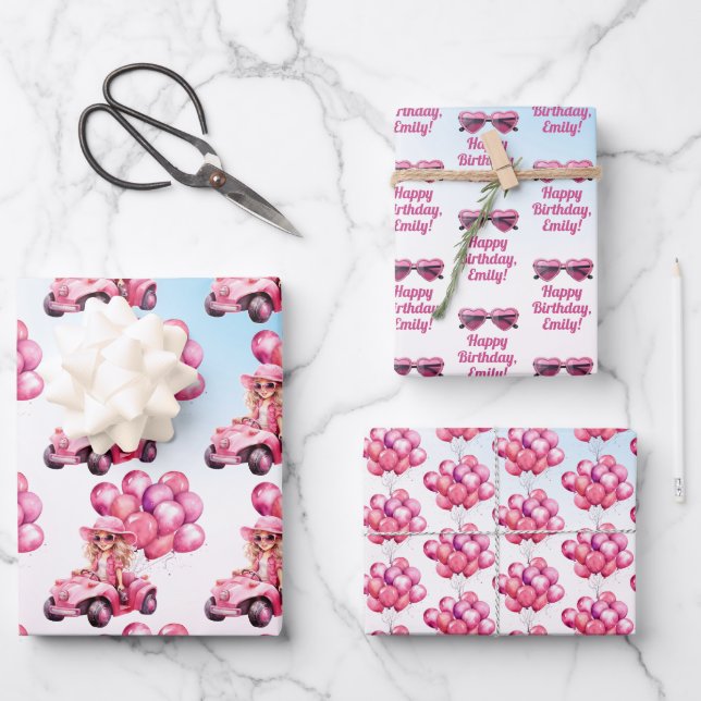 Personalisiert rosa Konvertible Geburtstag Geschenkpapier Set (Vorderseite)