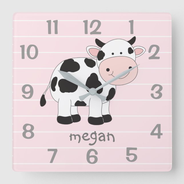 Personalisiert rosa Kuh Kinderzimmer Wall Clock Quadratische Wanduhr (Vorderseite)