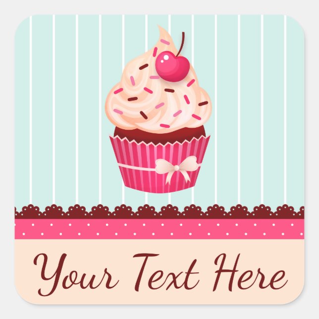 Personalisiert rosa Kupcake Minze Blue Hintergrund Quadratischer Aufkleber (Vorderseite)