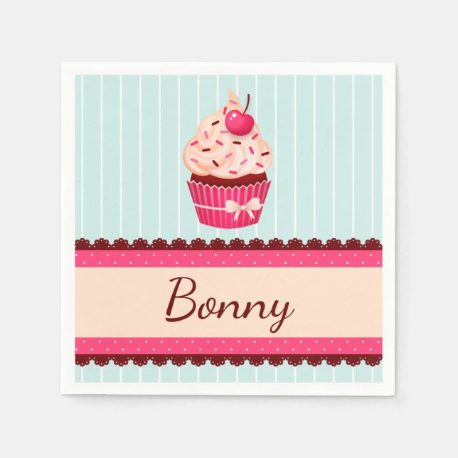 Personalisiert rosa Kupcake Minze Blue Hintergrund Serviette (Vorderseite)