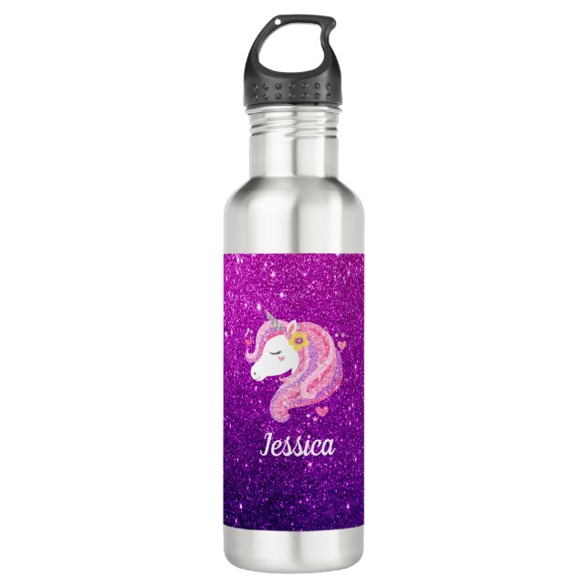Personalisiert rosa Lila Glitzer Einhorngesicht Edelstahlflasche (Vorderseite)