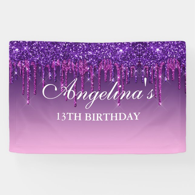 Personalisiert rosa Lila Tropfen Glitzer Geburtsta Banner (Horizontal)