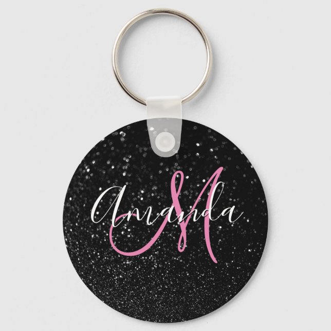 Personalisiert rosa Monogramm Imitate Schwarzer Gl Schlüsselanhänger (Vorderseite)
