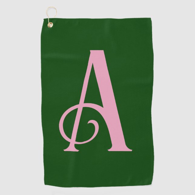 Personalisiert-rosa Monogramm-Initial auf dunkelgr Golfhandtuch (Vorderseite)