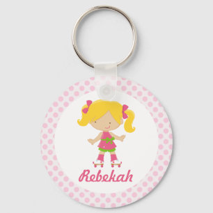 Personalisiert rosa Punkte Blonde Roller Skater v2 Schlüsselanhänger