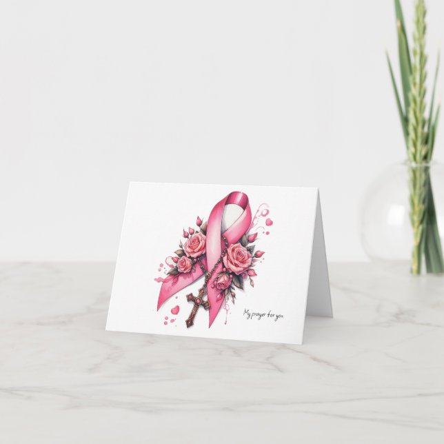 Personalisiert rosa Schleife mit Rosenkranz Karte (Vorderseite)