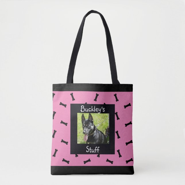 Personalisiert-Rosa-Schwarz-Pet-Foto-Hundeknochen Tasche (Vorderseite)