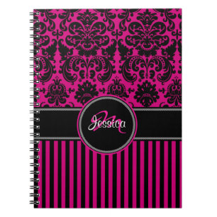 Personalisiert rosa Schwarz-weiß gestreifte Damask Notizblock